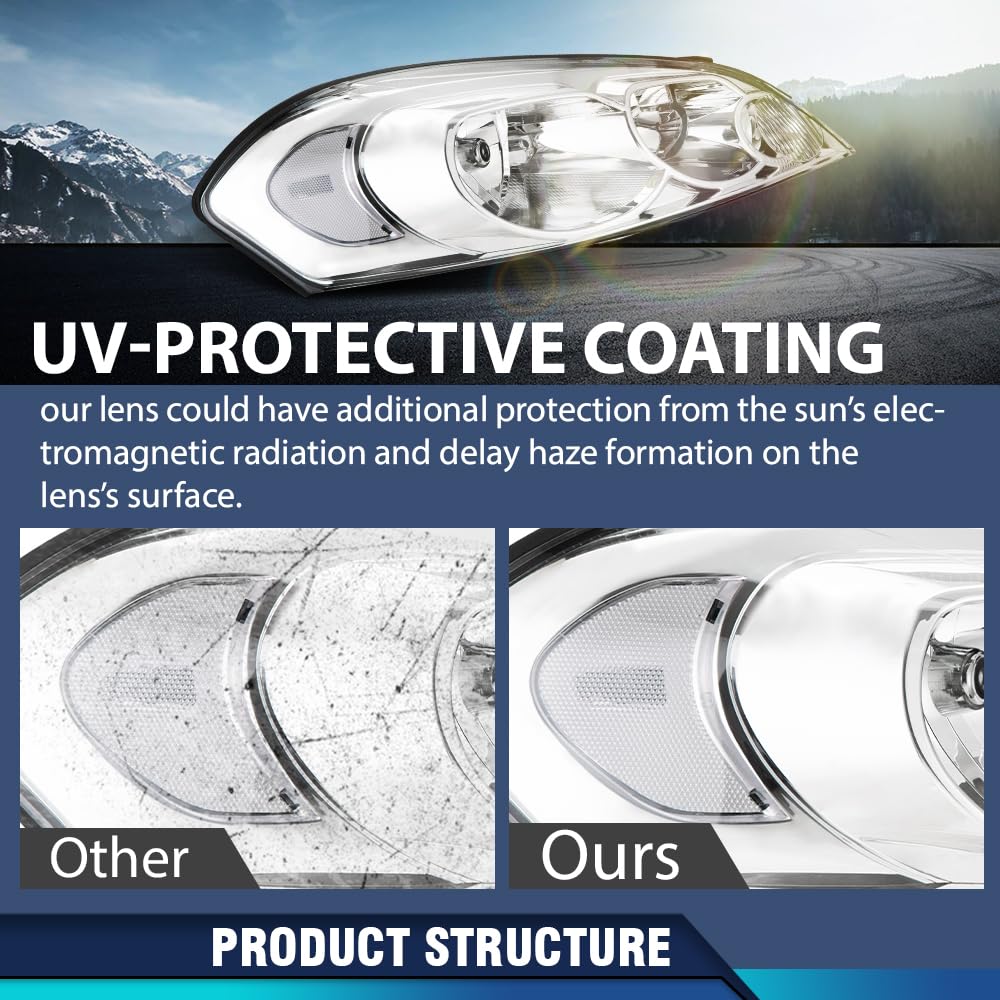 PIT66 Headlights Assembly Compatible with 2006-2013 Chevy Impala / 14-16 Impala Limited / 06-07 Chevy Monte Carlo Halogen Headlamps Accessories Clear lens Chrome Housing Clear Reflector