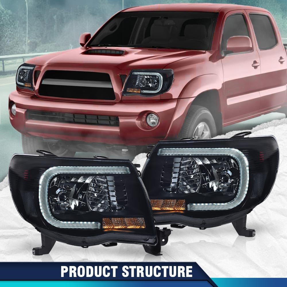 PIT66 LED DRL Headlights Assembly Fit 2005-2011 Toyota Tacoma Smoke Lens