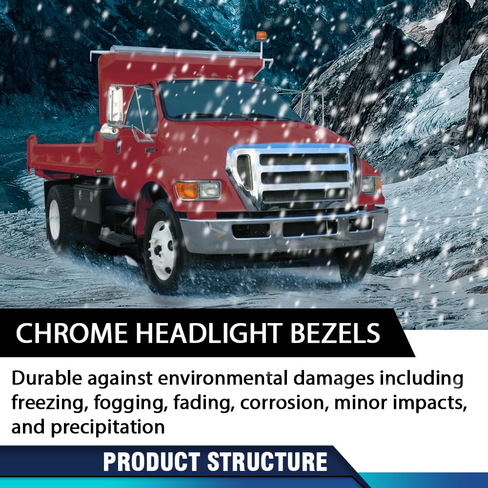 PIT66 Chrome Headlight Bezels Driver and Passenger Side with Bules Compatible with Ford F650 F750 2000-2015 FO2520196 FO2521196 YC3Z13201AA YC3Z13200AA