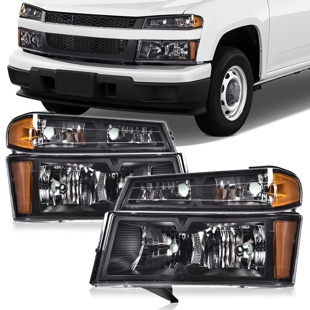PIT66 Headlight Assembly Compatible with 2004-2012 Chevy Colorado / 04-12 GMC Canyon / 2006-2008 Isuzu i-Series Clear Lens Black Housing Amber Reflector Halogen Headlamp