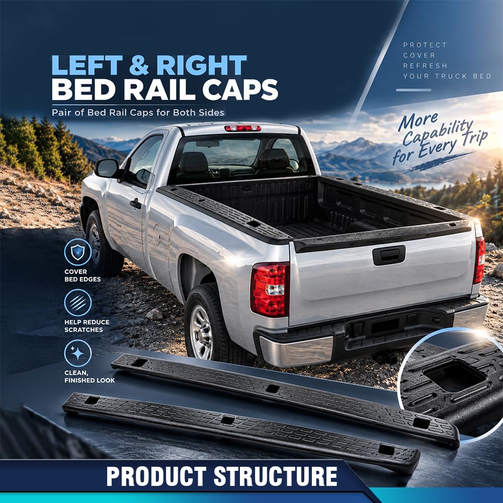 PIT66 Truck Bed Rail Caps ABS Black 2PCS Fit Chevy Silverado 1500 2007-2013