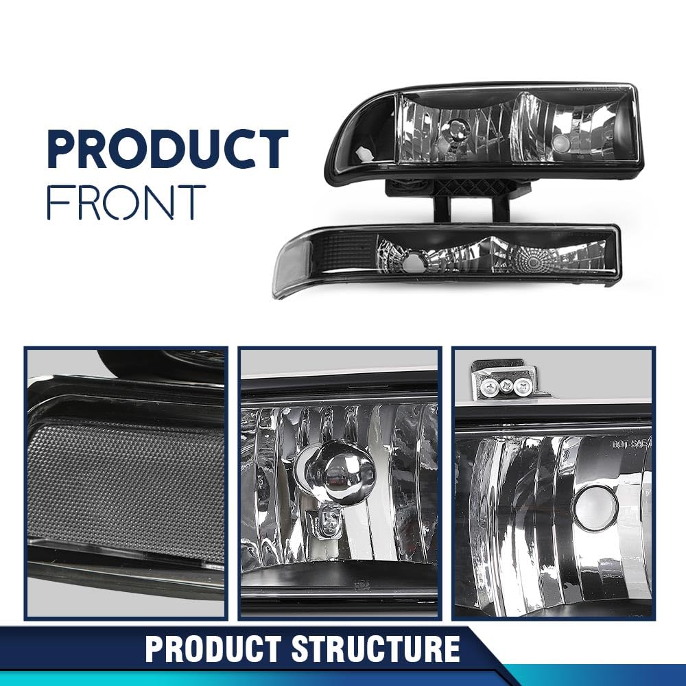 PIT66 Headlights Assembly Corner Bumper Turn Signal Lights w/o Bulbs Compatible with Chevy Blazer 1998-2005 /Fit Chevy S10 Pickup 1998-2004 Clear Lens Black Housing Clear Reflector