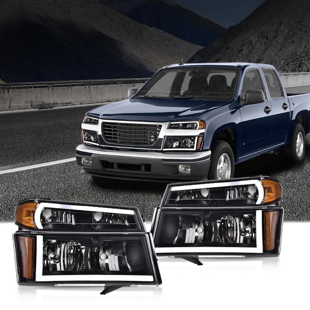 PIT66 LED DRL Headlight Assembly Fit 2004-2012 Chevy Colorado & GMC Canyon/Fit 2006 Isuzu i-280 i-350/07-08 Isuzu i-290 i-370 Headlamps Clear Lens Black Housing Amber Reflector