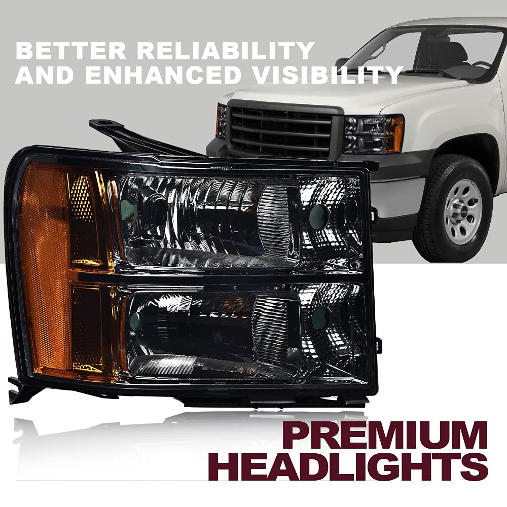 PIT66 Headlight Assembly Compatible with 2007-2013 GMC Sierra 1500 2500HD 3500HD Driver & Passenger Side Halogen Headlamps Smoky Lens Chrome Housing Amber Reflector