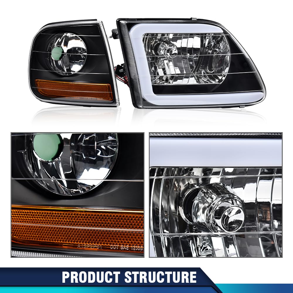 PIT66 LED DRL Headlights Assembly Fit Ford F150 1998-2003, F250 98-99