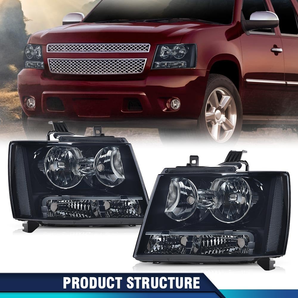 PIT66 Headlight Assembly Compatible with 2007-2014 Chevy Tahoe/Suburban 1500，Fit 07-13 Chevy Avalanche/Suburban 2500 Halogen Headlamps Smoke Lens Black Housing Clear Reflector